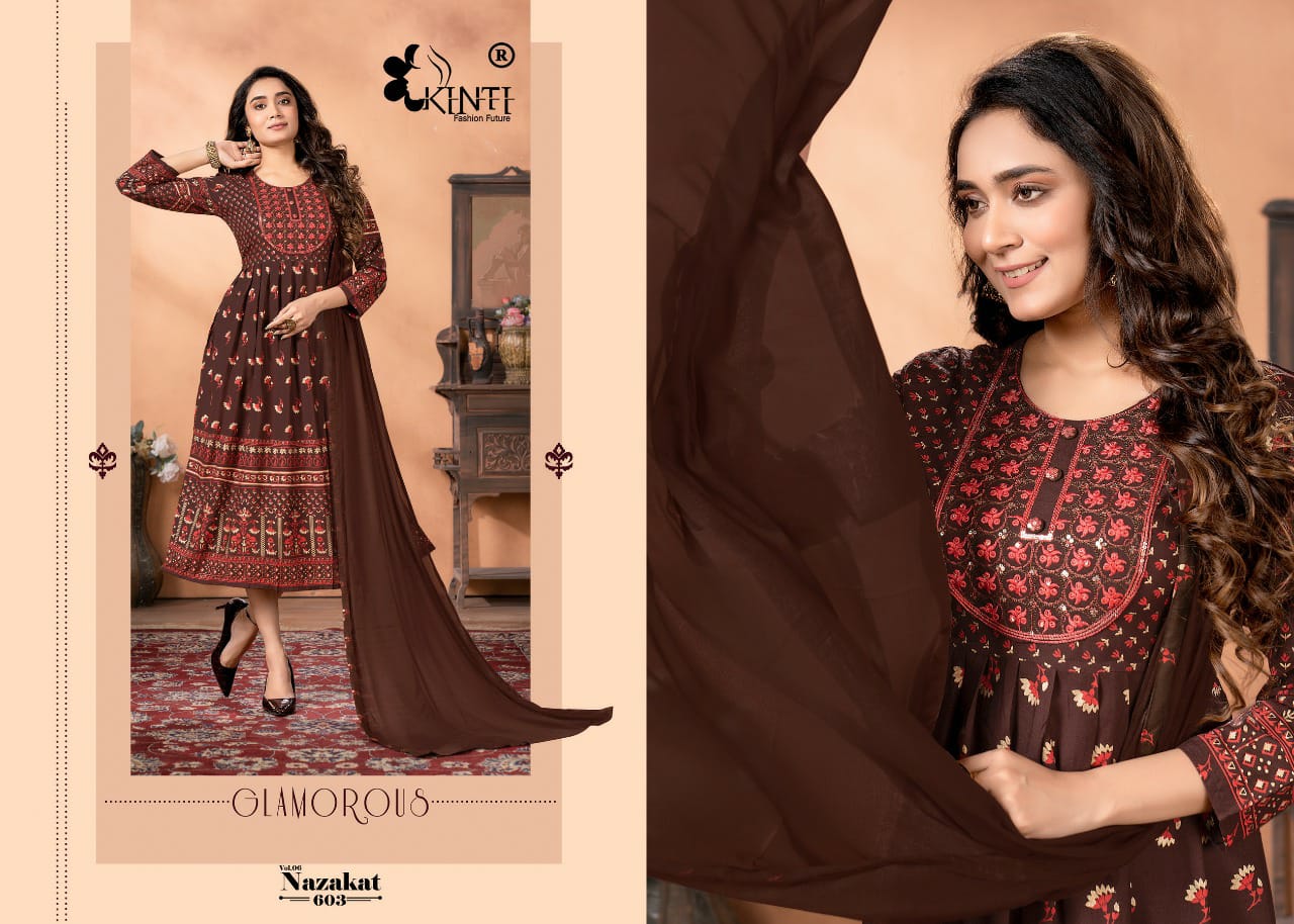 Kinti Nazakat 6 Rayon Embroidery Ethnic Wear Printed Kurti With Dupatta Collection